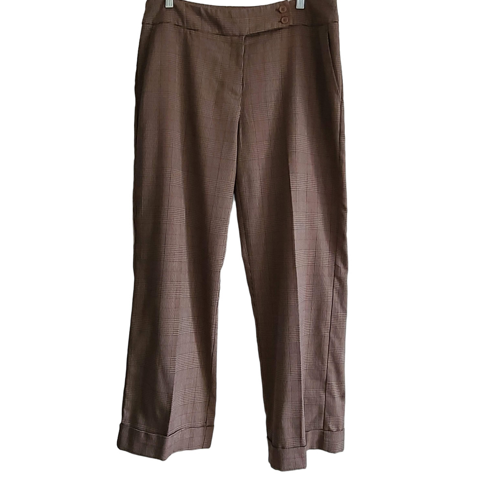 NINETY Brown Glen Plaid Wide Cuffed‎ Leg Trouser Pants NTY783 Women's 14